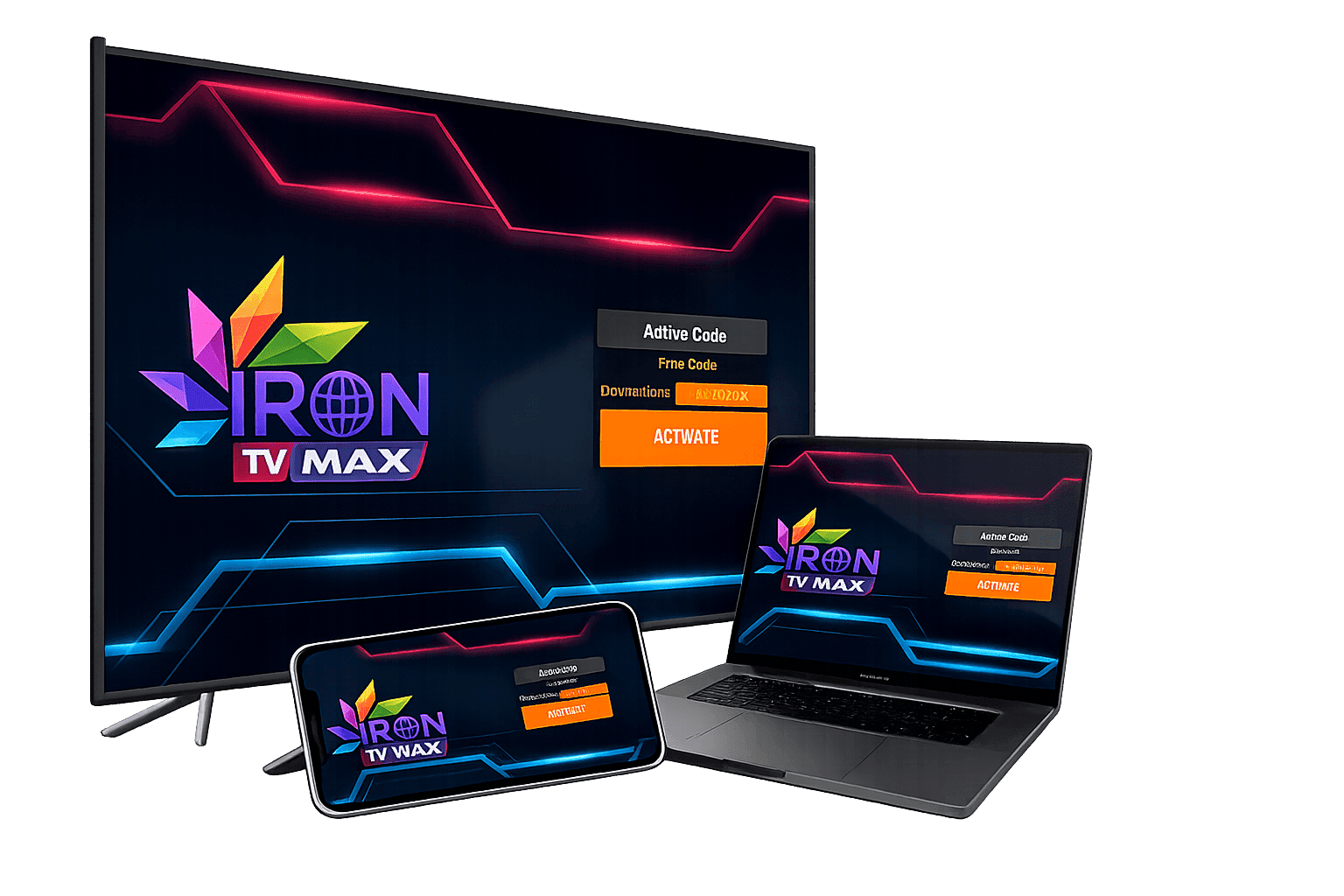 Interface Iron IPTV affichée sur Smart TV, ordinateur portable et smartphone